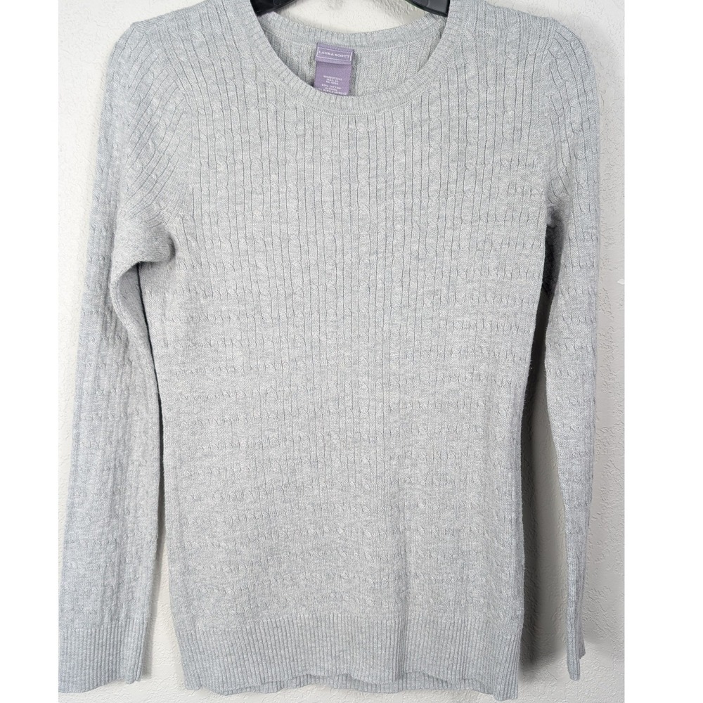 Laura Scott Sweater Women Small Gray Cable Knit Crew Neck Pullover Cotton‎ Blend